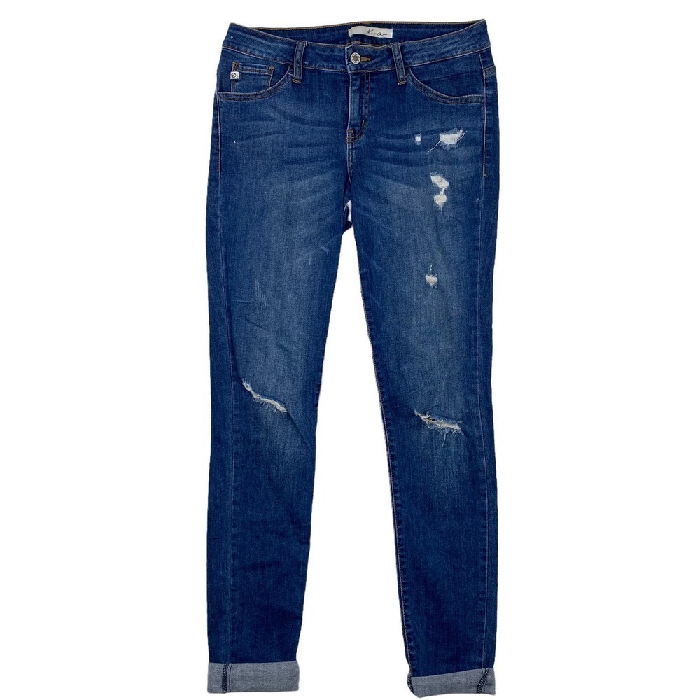 KanCan Low Rise Skinny Rolled Cuff Destressed Dark Wash Blue Jeans Size 27